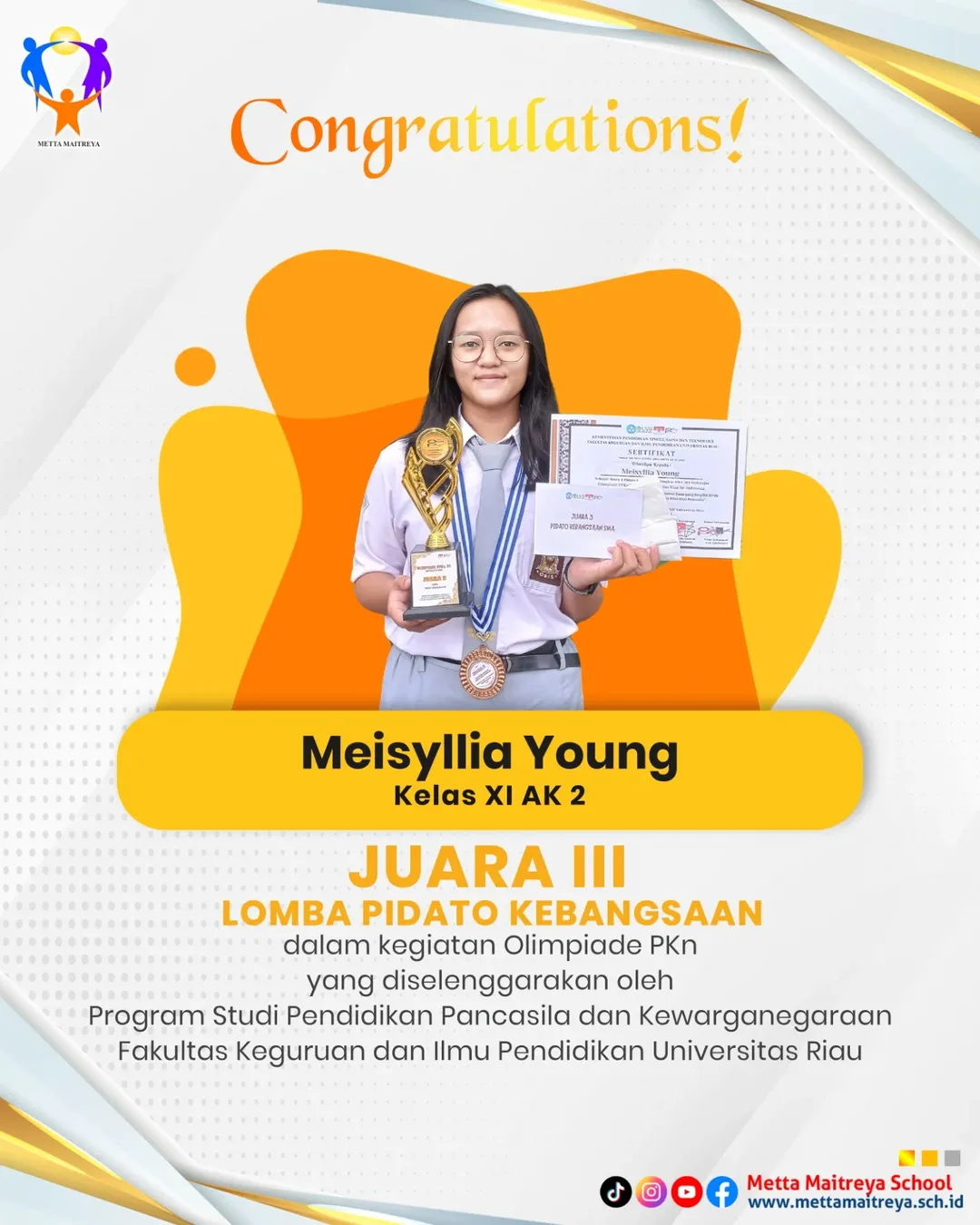 Prestasi Peserta Didik dalam Lomba Pidato Kebangsaan dalam kegiatan Olimpiade PKN | SMK METTA MAITREYA